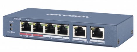 Hikvision DS-3E0106P-E/M 6 portos PoE switch (30 W); 4 PoE+ / 2 uplink port; nem menedzselhető