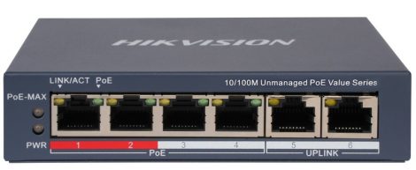Hikvision DS-3E0106P-E/M (B) 6 portos PoE switch (45 W); 4 PoE+ / 2 uplink port; nem menedzselhető