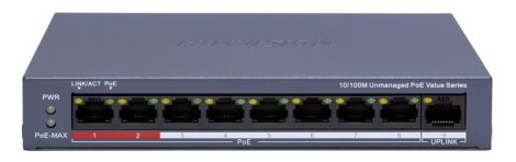 Hikvision DS-3E0109P-E/M (C) 9 portos PoE switch (80 W); 8 PoE + 1 uplink port; nem menedzselhető