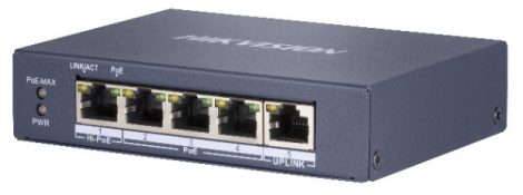 Hikvision DS-3E0505HP-E 5 portos Gbit PoE switch (60 W); 3 PoE+ / 1 HiPoE / 1 uplink port