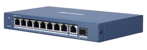 Hikvision DS-3E0510P-E/M 10 portos Gbit PoE switch (58 W); 8 PoE + 1 RJ45 + 1 SFP uplink port; nem menedzselhető