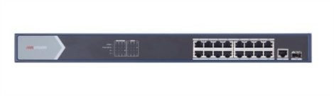 Hikvision DS-3E0518P-E 18 portos Gbit PoE switch (230 W); 16 PoE + 1 RJ45 + 1 SFP uplink port; nem menedzselhető