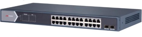 Hikvision DS-3E0526P-E/M 26 portos Gbit PoE switch (225 W); 24 PoE + 2 SFP uplink port; nem menedzselhető