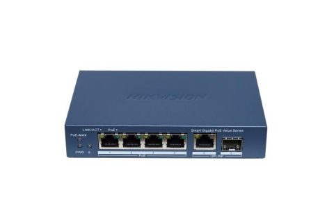 Hikvision DS-3E1506P-EI/M-4P1T1F 6 portos Gigabit PoE switch (45 W); 4 PoE + 1 RJ45 uplink port + 1 SFP uplink port; menedzselhető