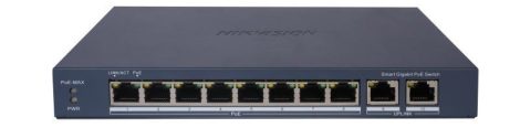 Hikvision DS-3E1510P-EI 10 portos PoE switch (110 W); 8 PoE + 2 RJ45 uplink port; menedzselhető