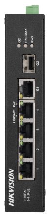 Hikvision DS-3T0306HP-E/HS 6 portos ipari PoE switch (60 W); 3 PoE+ / 1 HiPoe / 1 RJ45 + 1 SFP uplink port; nem menedzselhető