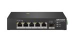   Hikvision DS-3T0306HP 6 portos ipari PoE switch (110 W); 4 PoE / 1 HiPoe+ / 1 RJ45 + 1 SFP uplink port; nem menedzselhető