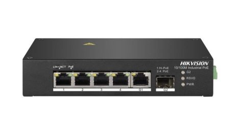 Hikvision DS-3T0306HP 6 portos ipari PoE switch (110 W); 4 PoE / 1 HiPoe+ / 1 RJ45 + 1 SFP uplink port; nem menedzselhető