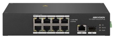 Hikvision DS-3T0310HP 10 portos ipari PoE switch (110 W); 6 PoE / 2 HiPoE+ / 1 RJ45 + 1 SFP uplink port; nem menedzselhető