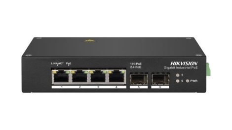 Hikvision DS-3T0506HP 6 portos ipari Gbit PoE switch (110 W); 3 PoE+ / 1 HiPoe+ / 2 SFP uplink port; nem menedzselhető