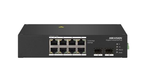 Hikvision DS-3T0510HP 10 portos ipari Gbit PoE switch (110 W); 8 PoE+ / 2 HiPoE+ / 2 SFP uplink port; nem menedzselhető