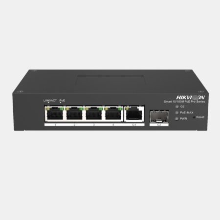 Hikvision DS-3T1306P-SI/HS 6 portos ipari 10/100 PoE switch (60 W); 4 PoE+ / 1 RJ45 + 1 SFP uplink port; menedzselhető