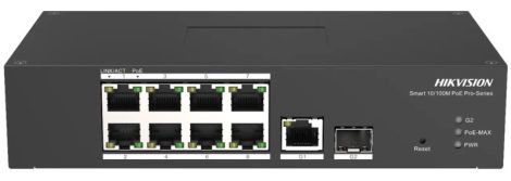 Hikvision DS-3T1310P-SI/HS 10 portos ipari 10/100 PoE switch (110 W); 8 PoE+ / 1 Gbit RJ45 + 1 SFP uplink port; menedzselhető