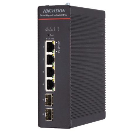 Hikvision DS-3T1506HP-SI-4P2F/No Power 6 portos ipari PoE switch (300 W); 4 PoE+/ 2 SFP uplink; menedzselhető; táp nélkül