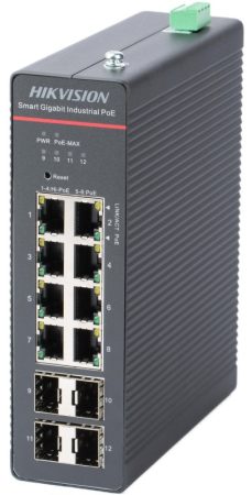 Hikvision DS-3T1512HP-SI-8P4FKIT(240W) 12 portos ipari Gbit PoE switch (300 W); 8 PoE+ / 4 SFP uplink; menedzselhető