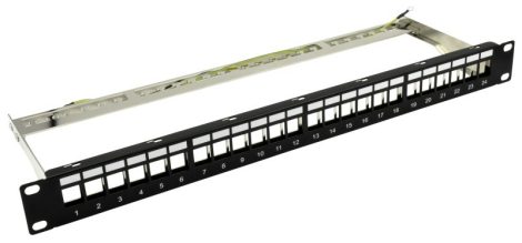 Nestron NRPP-KEY-124SF-H 19 keystone patch panel; 24 port; Cat5e/Cat6/Cat6A kompatibilis; árnyékolt; tehermentesítővel
