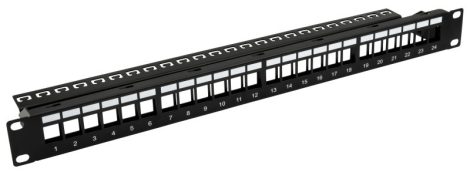 Nestron NRPP-KEY-124U-H 19 keystone patch panel; 24 port; Cat5e/Cat6/Cat6A kompatibilis; árnyékolatlan; tehermentesítővel