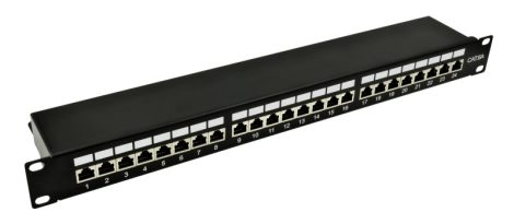 Nestron NRPP-RJ45-224SF-H 19 patch panel; 24 port; Cat6A; árnyékolt; tehermentesítővel; dual IDC (Krone/110)